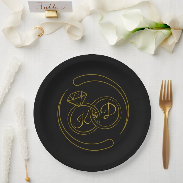 Editable Black Gold Engagement Paper Plate (Wedding)