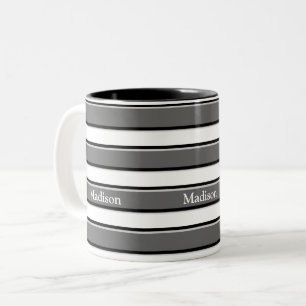 Editable Black Grey Horizontal Stripes on White Two-Tone Coffee Mug