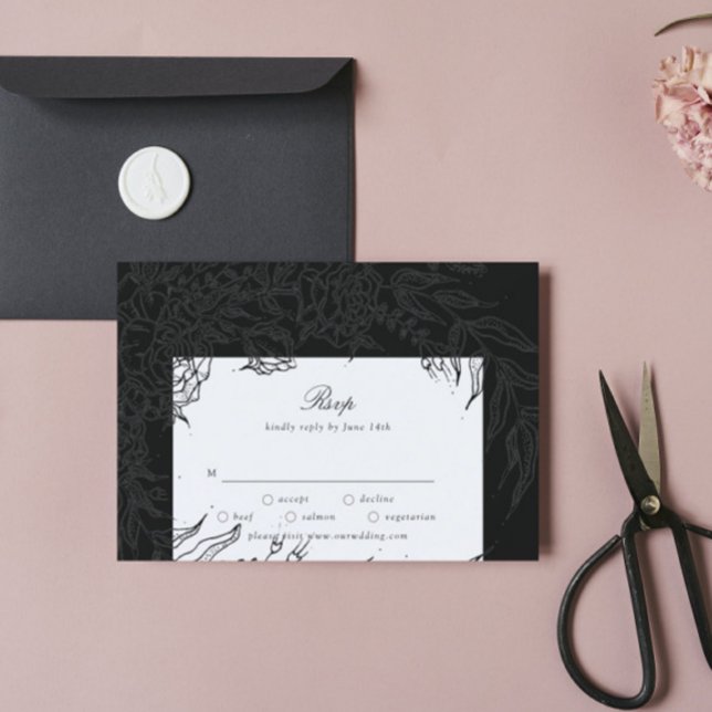 Editable Black on Black Flower Wreath Wedding RSVP Card (Creator Uploaded)
