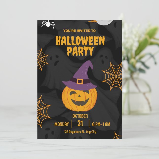 Editable Black Orange Pumbkin Halloween Party  Invitation (Standing Front)