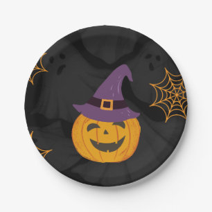 Editable Black Orange Pumbkin Halloween Party  Paper Plate