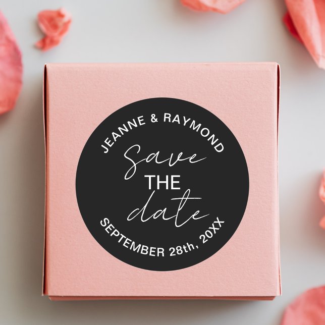 Editable Black Save the date Wedding Announcement Classic Round Sticker (Creator Uploaded)