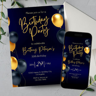 Editable Blue and Gold Birthday Invitation for Men