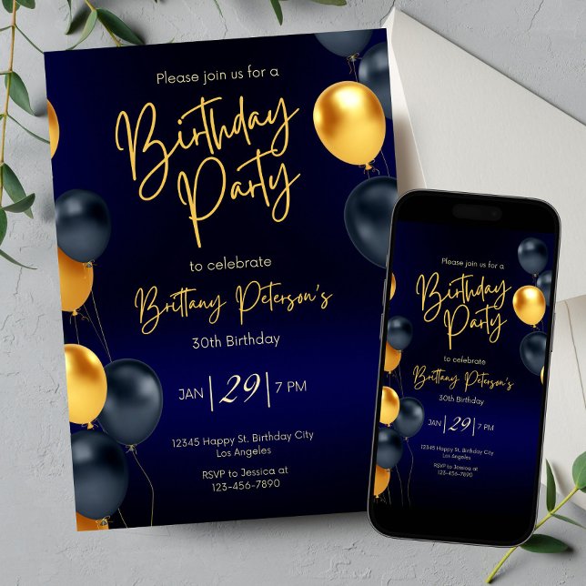 Editable Blue and Gold Birthday Invitation for Men (Creator Uploaded)