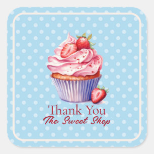 Editable Blue Bakery Thank You Cupcake Logo Square Sticker