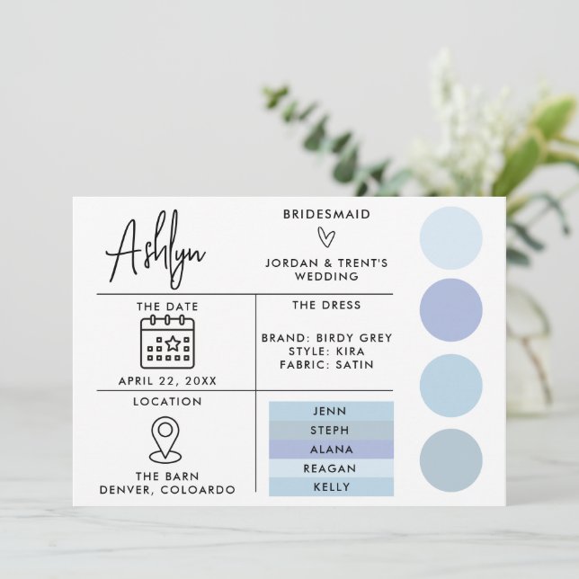 Editable Blue Bridesmaids Info Card for Wedding  (Standing Front)