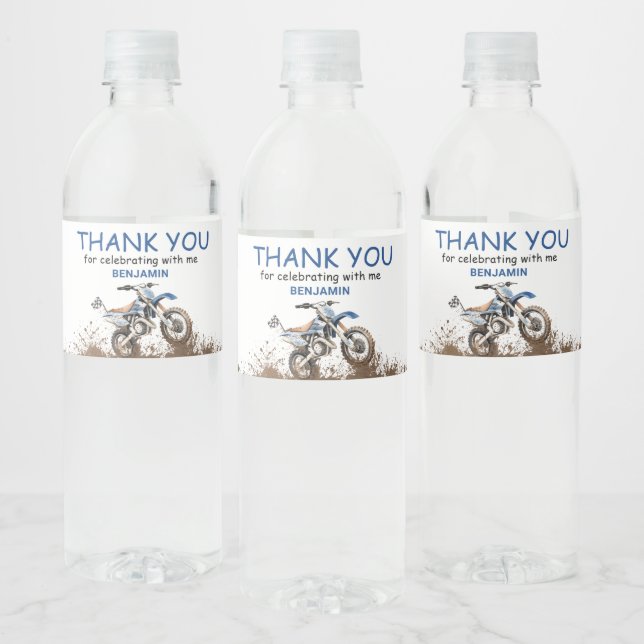 Editable Blue Dirt Bike Water Bottle Label (Bottles)