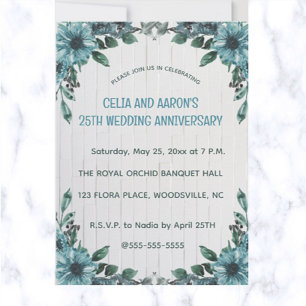 Editable Blue Flowers on Grey Wood Anniversary Invitation