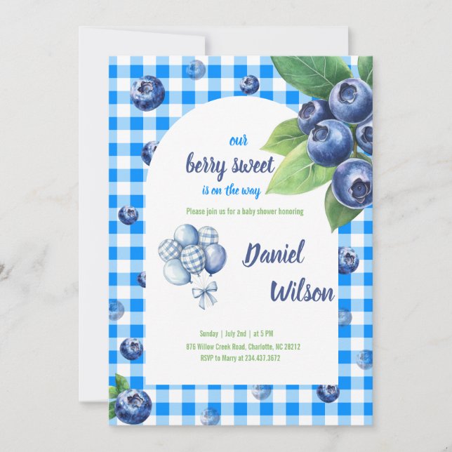 Editable Blue Gingham Charming Berry Green Leaves Invitation (Front)