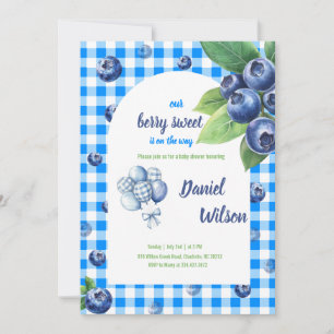 Editable Blue Gingham Charming Berry Green Leaves Invitation