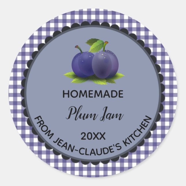 Editable Blue Gingham Plum Jam Label Stickers (Front)