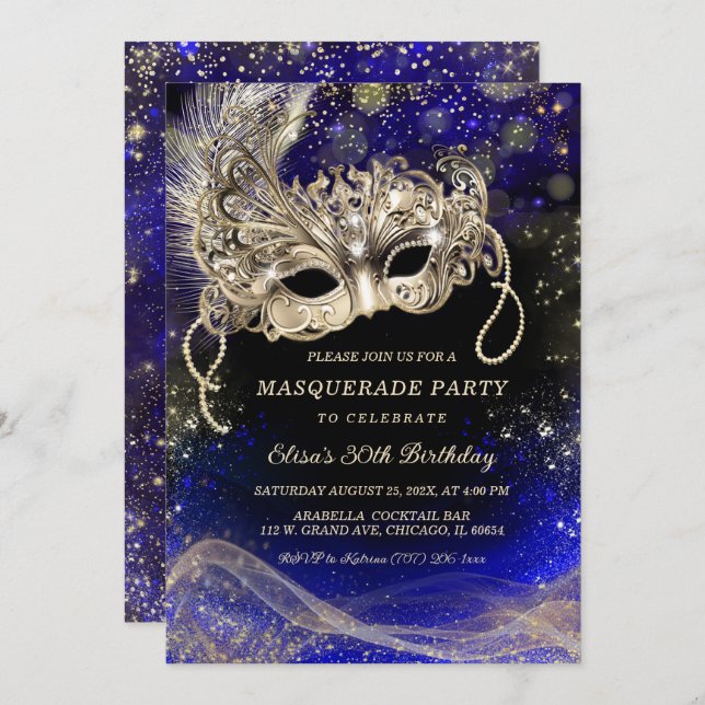 Editable Blue Gold Themes for Masquerade Party Invitation (Front/Back)