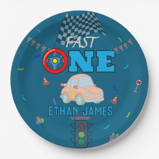 Editable Blue Racing Boy 1st Birthday Invitation Paper Plate