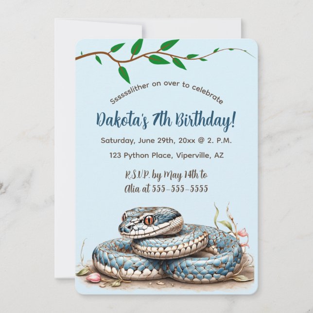 Editable Blue Snake Birthday Invitation (Front)