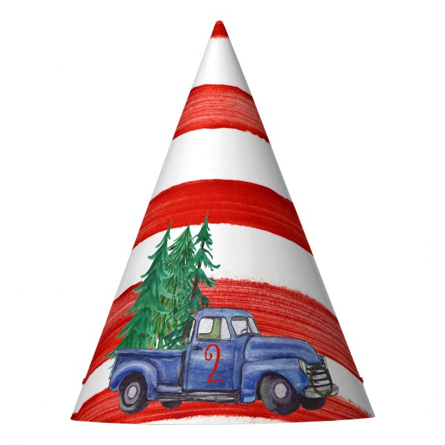 Editable Blue Truck Themed Red Stripe Party Hat (Front)