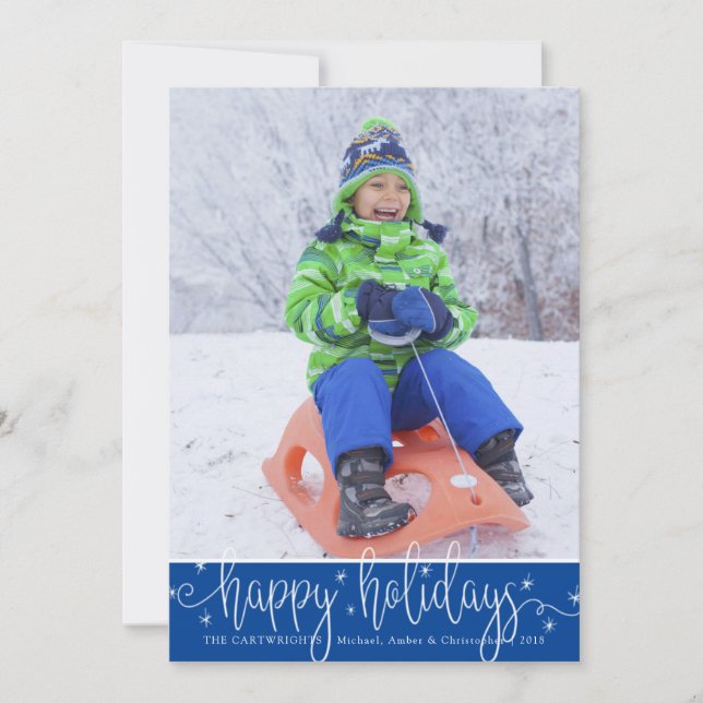 Editable Blue | White Script HAPPY HOLIDAYS Holiday Card (Front)