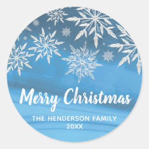 Editable Blue Winter Snowflake Merry Christmas Classic Round Sticker
