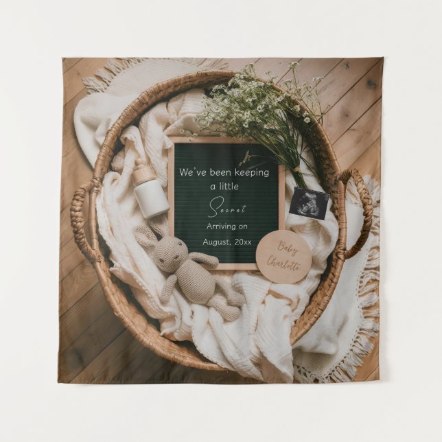 Editable boho neutral pregnancy announcement  tapestry (Front)