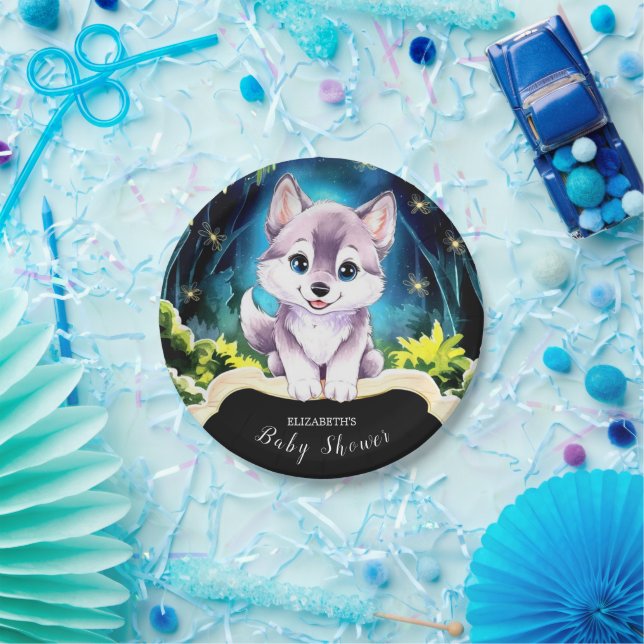 Editable Boho Wolf Baby Shower Paper Plate (Party)