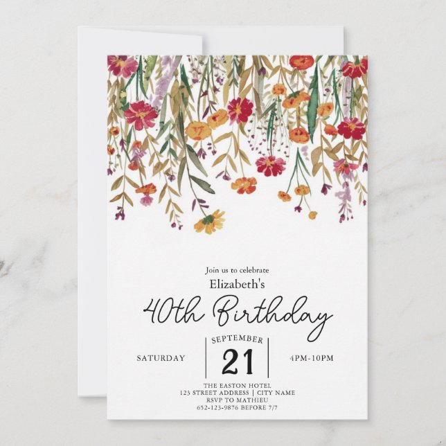 Editable Botanical Wildflowers 40th birthday Invitation (Front)