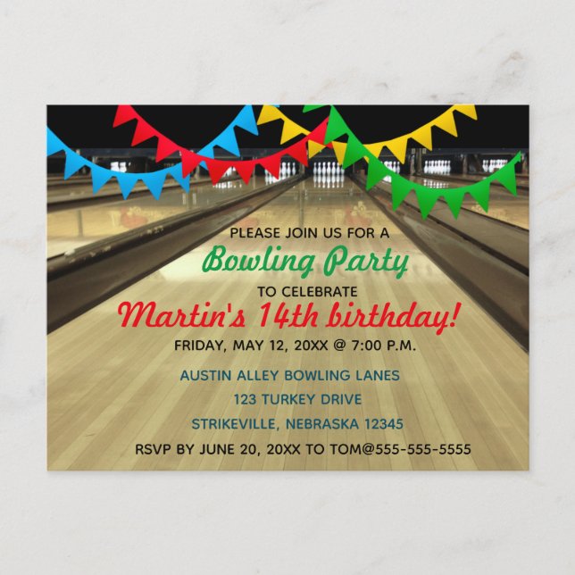 Editable Bowling Alley Lane Birthday Party Invitation Postcard (Front)