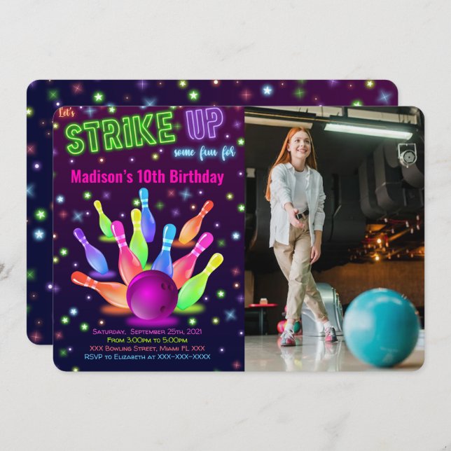 Editable Bowling Photo Invitation (Front/Back)