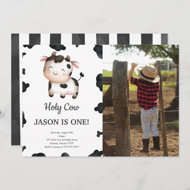 Editable Boy Cow Birthday Photo Invitation (Front/Back)
