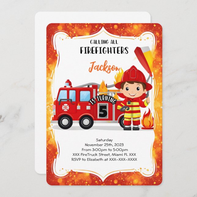 Editable Boy Fire Truck Birthday Invitation (Front/Back)
