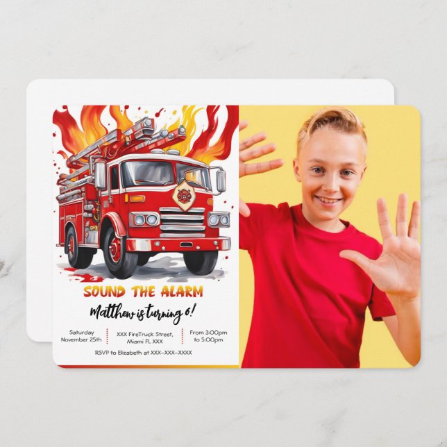 Editable Boy Fire Truck Birthday Photo Invitation (Front/Back)