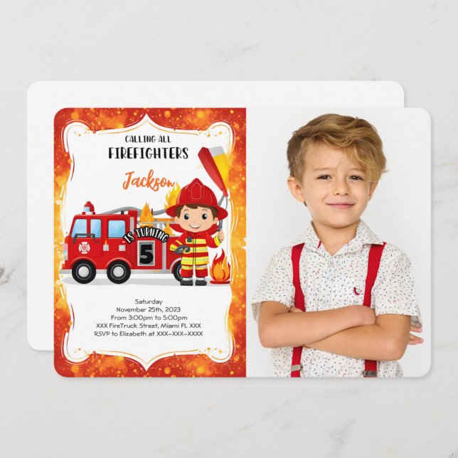 Editable Boy Fire Truck Birthday Photo Invitation (Front/Back)
