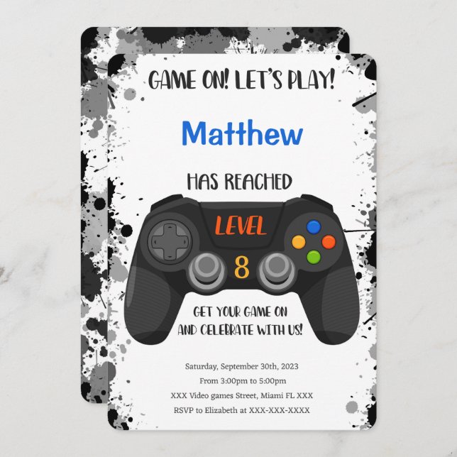 Editable Boy Video Game Birthday Invitation (Front/Back)