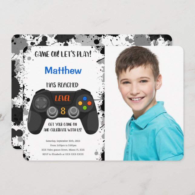 Editable Boy Video Game Birthday Photo Invitation (Front/Back)