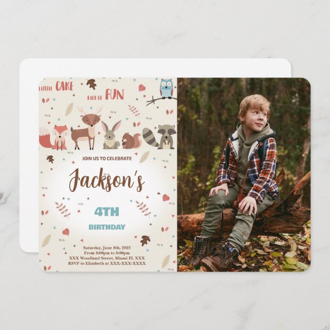 Editable Boy Woodland Birthday Photo Invitation (Front/Back)