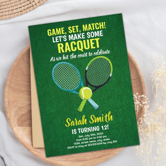 Editable Boys or Girls Sports Party Card (Light Green Blue Tennis Birthday Invitations)