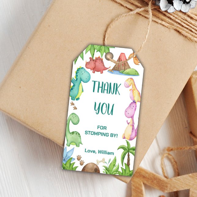 Editable Boys Party Gift Tags with Cute Jungle The (Green Dinosaur Birthday Favor Tags)