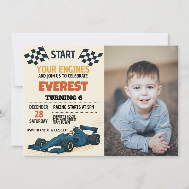 Editable Boys Racing Party Invite with Chequered (Front)