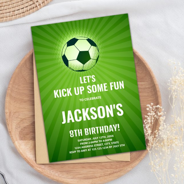 Editable Boys Sports Party Card with Ball & Field  (Soccer Birthday Invitations)
