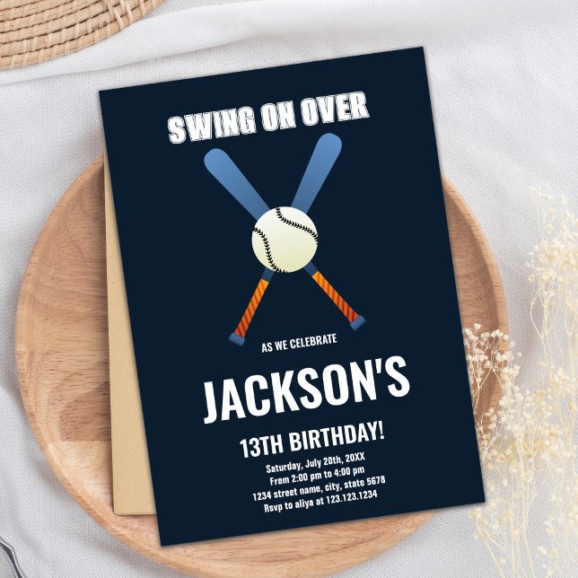 Editable Boys Sports Party Card with Classic Ball  (Dark Blue Baseball Birthday Invitations)