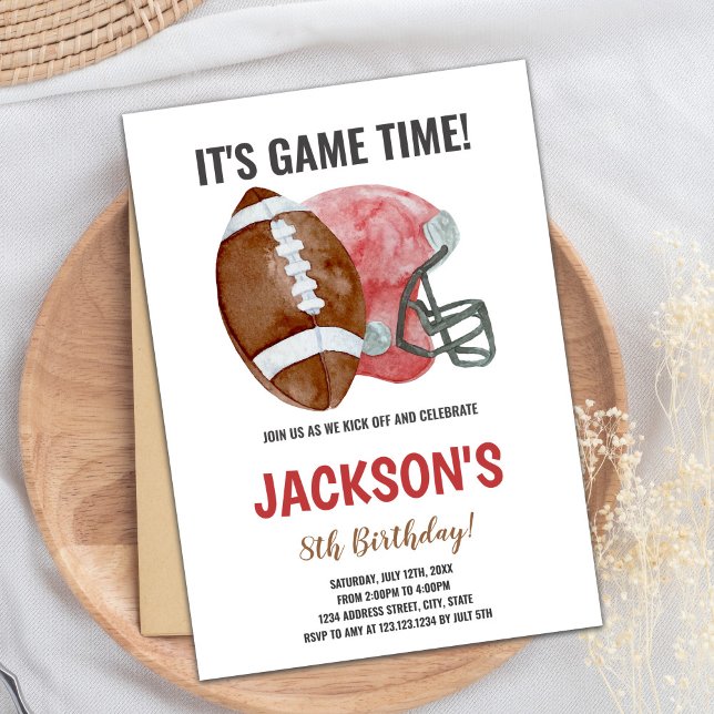Editable Boys Sports Party Card with Classic Ball  (Red Brown Football Birthday Invitations)