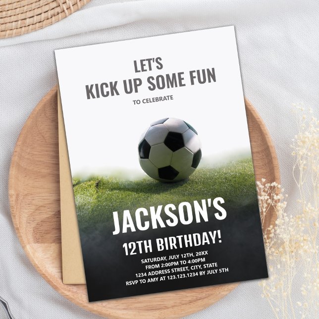 Editable Boys Sports Party Card with Classic Theme (White Black Soccer Birthday Invitations)