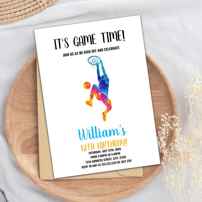 Editable Boys Sports Party Card with Court Theme (It's a Game Time Basketball Invitations)
