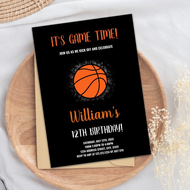 Editable Boys Sports Party Card with Court Theme (Orange Basketball Birthday Invitations)