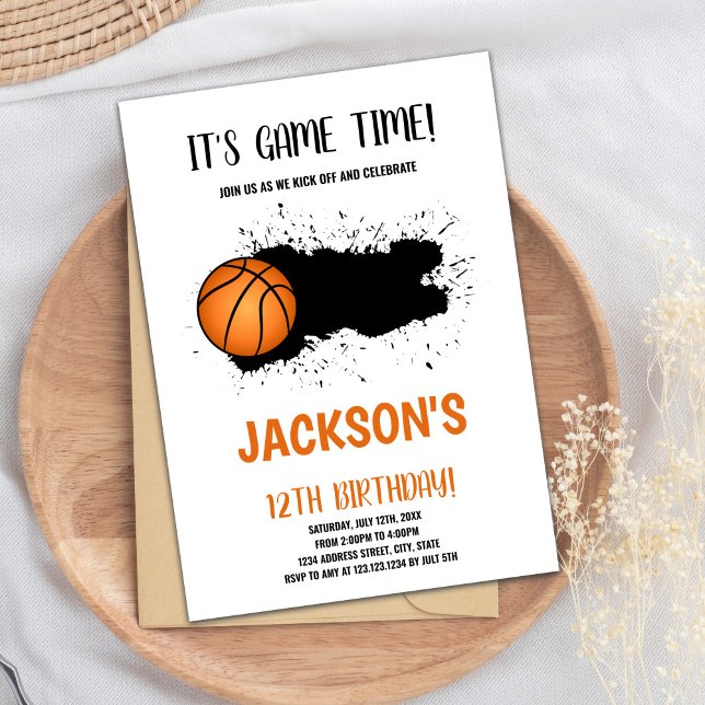 Editable Boys Sports Party Card with Ink Splash De (Black Ink Basketball Birthday Invitations)