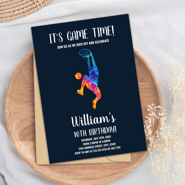 Editable Boys Sports Party Card with Rainbow Ball  (Basket Colors Basketball Birthday Invitations)