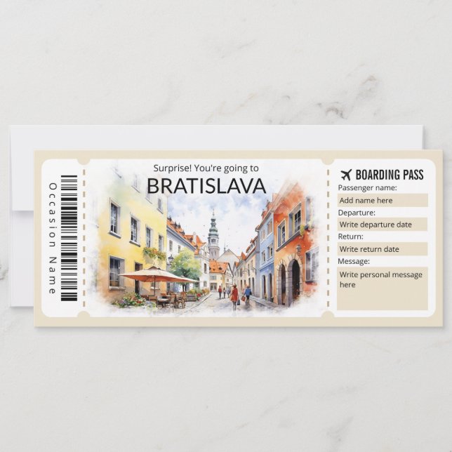 Editable Bratislava Plane ticket, Slovakia Trip Invitation (Front)
