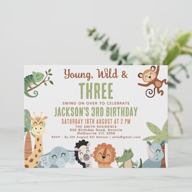 Editable Brown Green Young Wild Three 3rd Birthday Invitation (Standing Front)
