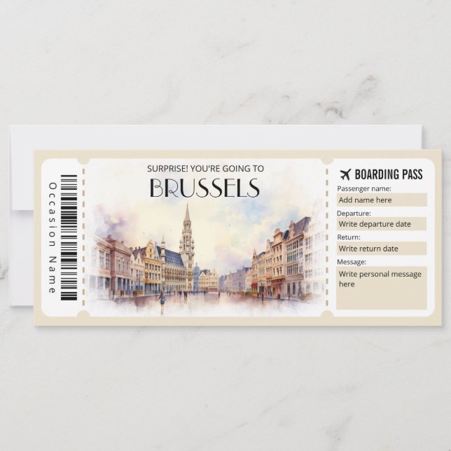 Editable Brussels Belgium Plane Boarding Pass Invitation (Front)