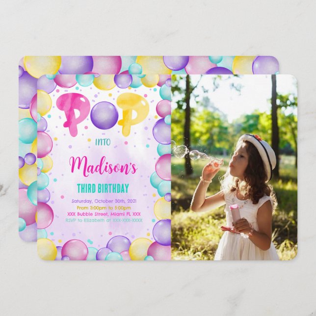 Editable Bubbles Birthday Photo Invitation (Front/Back)