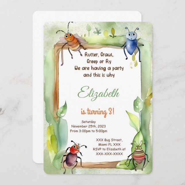 Editable Bug Birthday Party Invitation (Front/Back)