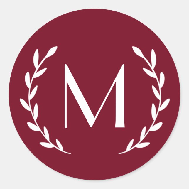  Editable Burgundy Laurel Monogram Letter Initial Classic Round Sticker (Front)